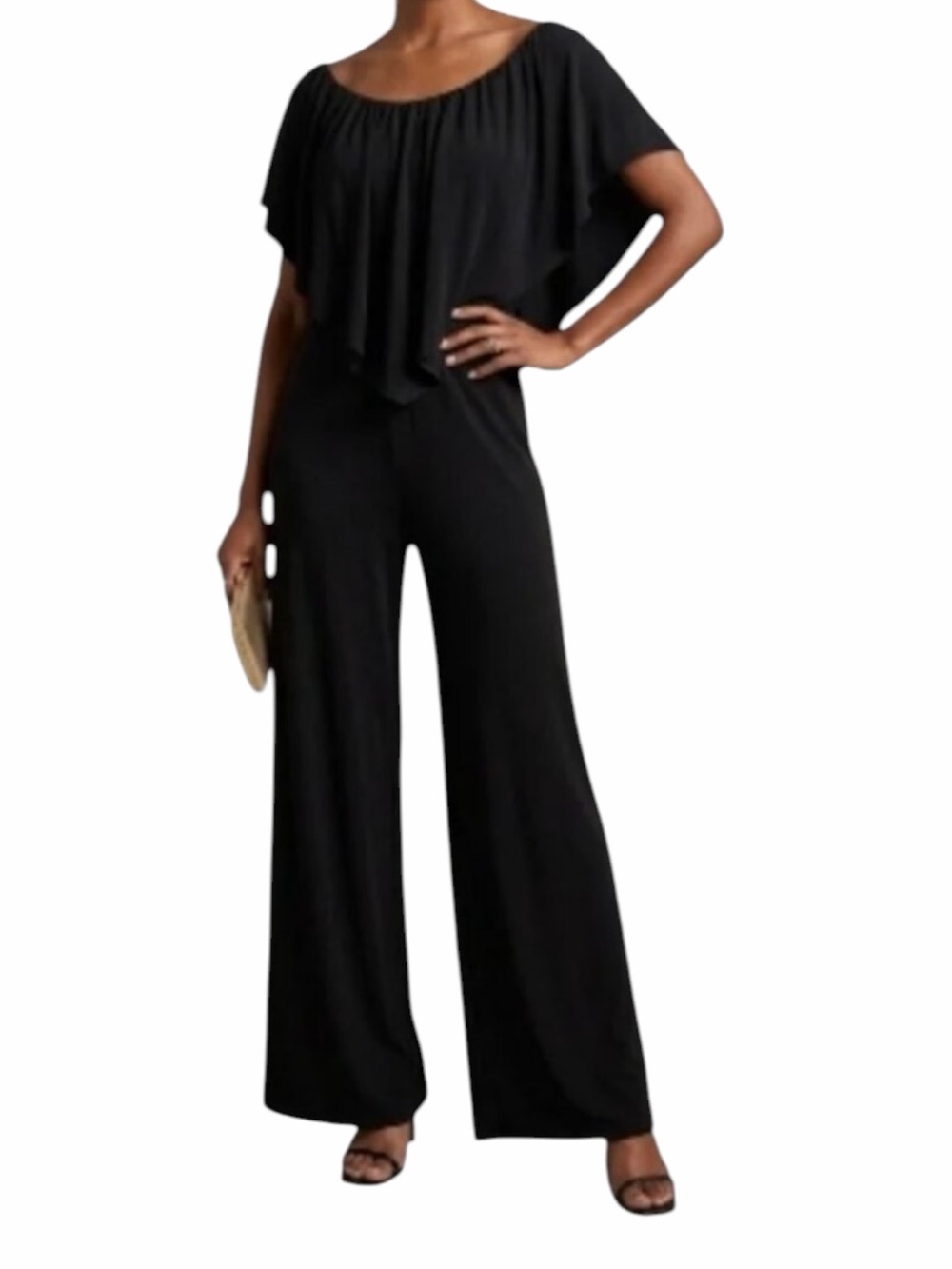 Chatoyant Womens Black Jersey Knit 4 Way Convertible Top Wide Leg Jumpsuit Sz L